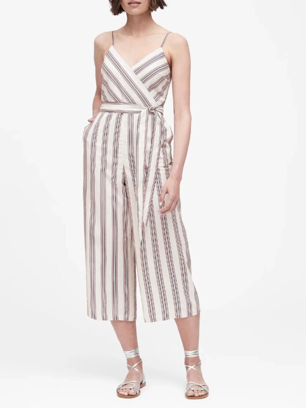 Banana Republic Striped Linen Cotton Wide Leg Jumpsuit Petite 2 Surplice Belt